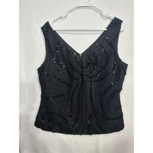 Hy Black Beaded Sequin Swirl Sleeveless Evening Top V-Neck Formal Blouse Size 14
